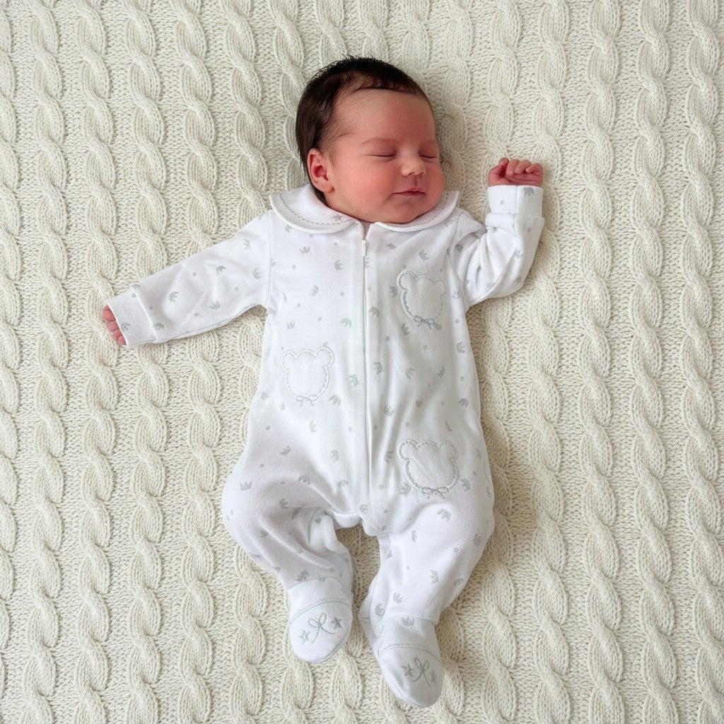 Newborn wearing white sleepsuit from the 5-piece gift set