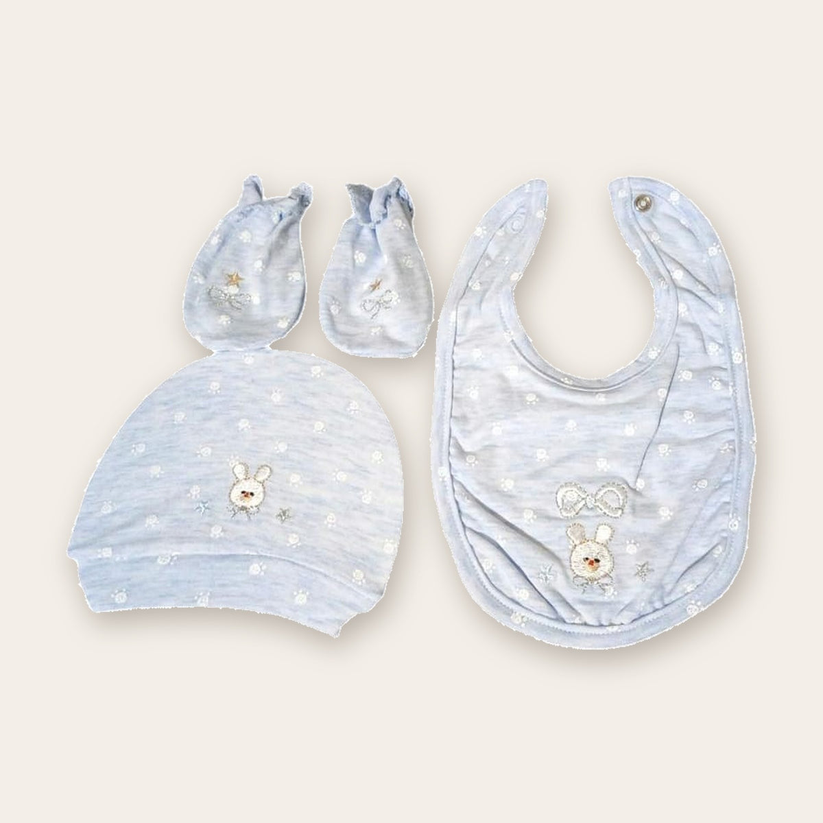 Newborn Baby Gift Set – 6 Pieces – Baby Blue / Footsteps – front, styled