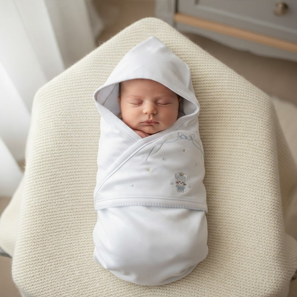 Newborn Baby Gift Set with Blanket – 6 Pieces – Baby Blue / Stars – styled on baby