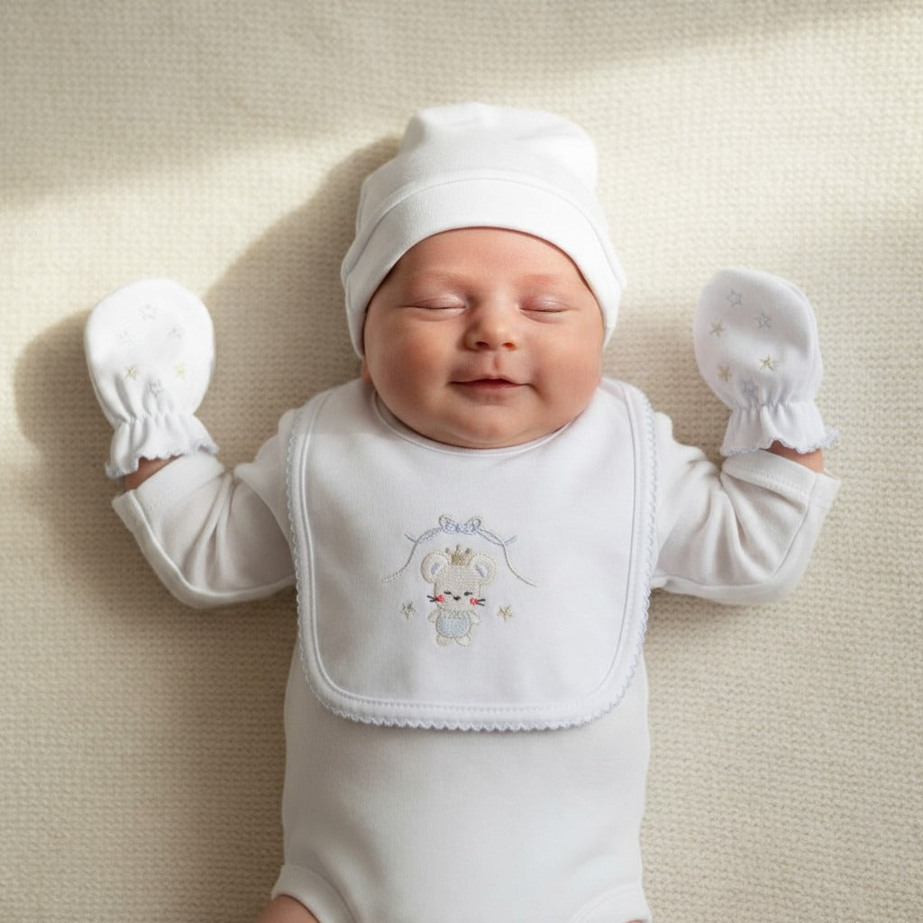 Newborn Baby Gift Set with Blanket – 6 Pieces – Baby Blue / Stars – styled on baby