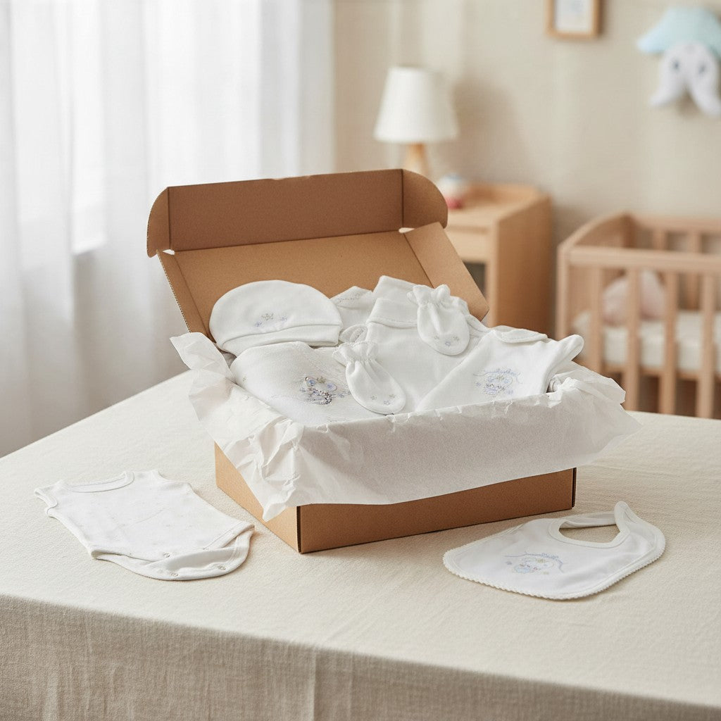 White newborn gift set with blanket in a gift box