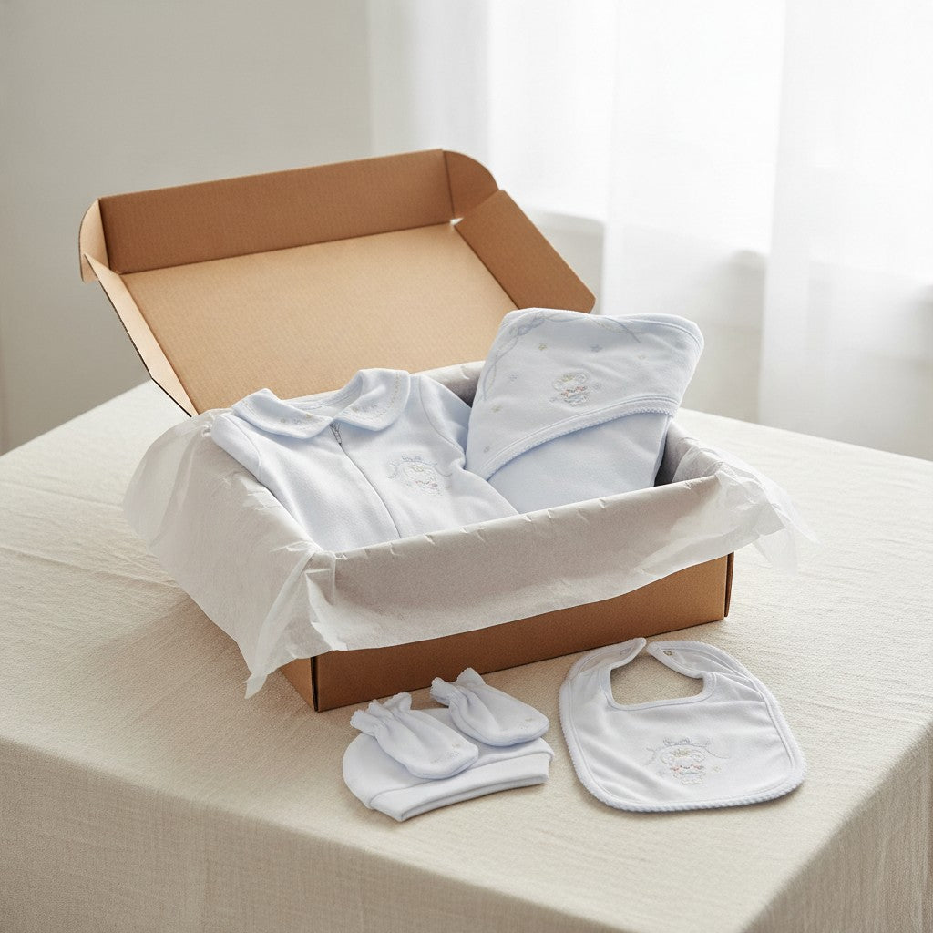 Baby blue newborn gift set with blanket in a gift box