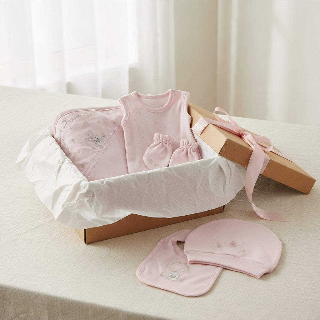 Pink newborn gift set with blanket in a gift box